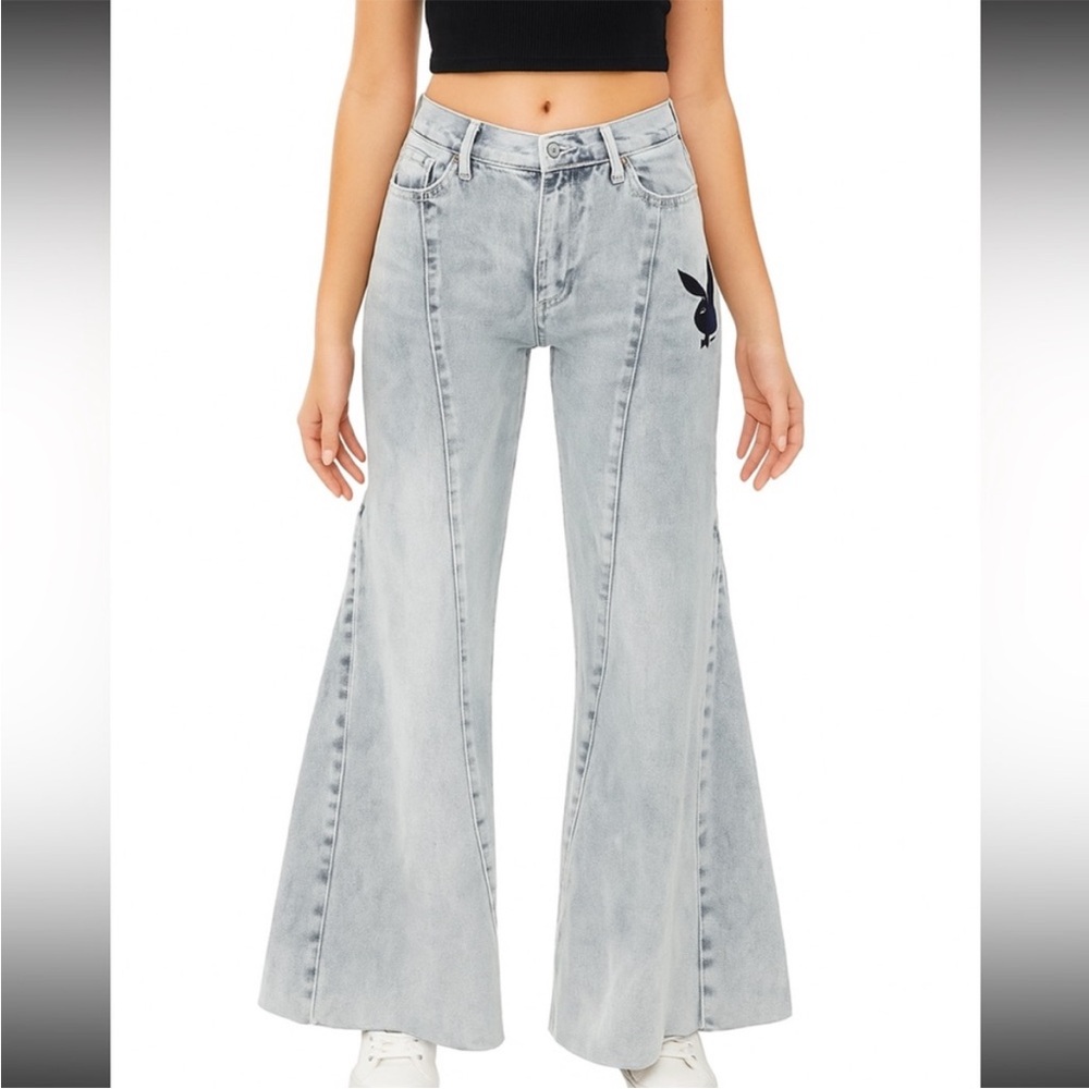 NEW Playboy‎ Womens Light Wash Wide Leg Flare Jeans Bunny Logo Size 9